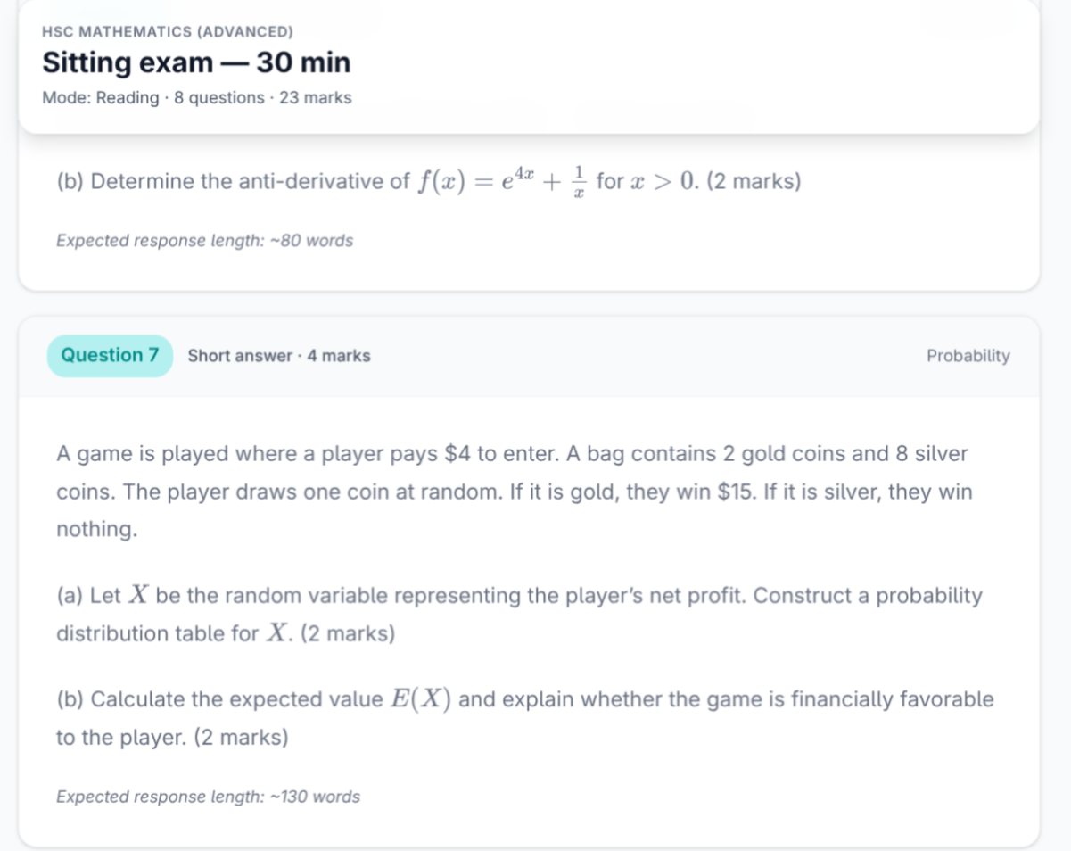 A generated HSC Mathematics practice paper being sat on screen with timer and questions