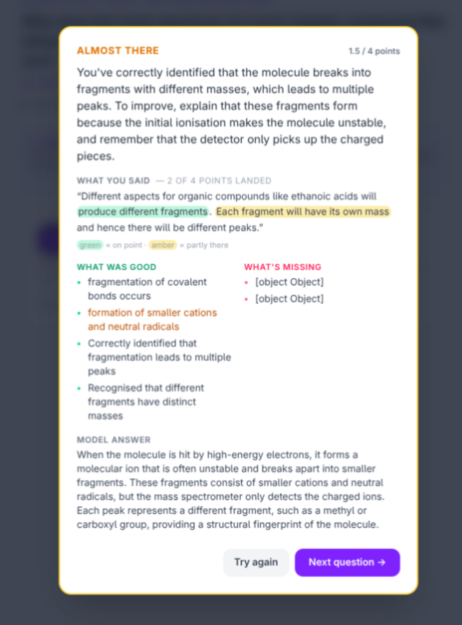 Explain-back feedback scoring an answer