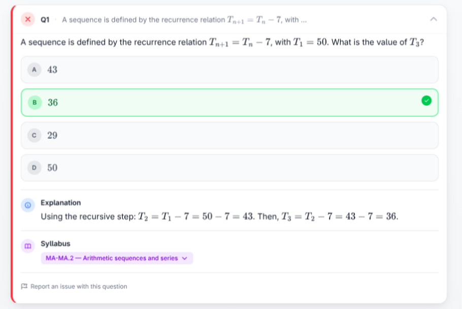 A quiz answer revealed with an in-depth explanation and official syllabus outcome